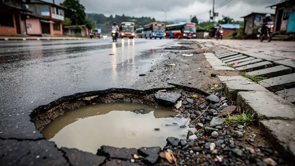A damaged road in Kathmandu with traffic passing nearby