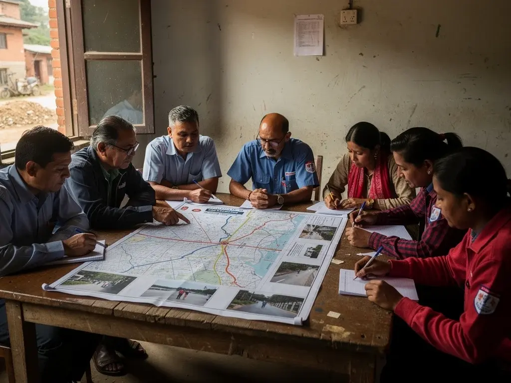 A Nepali road-safety team reviewing a community map