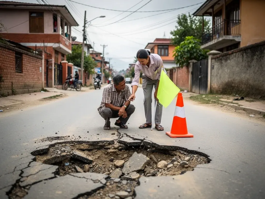 Residents documenting a damaged road in Nepal