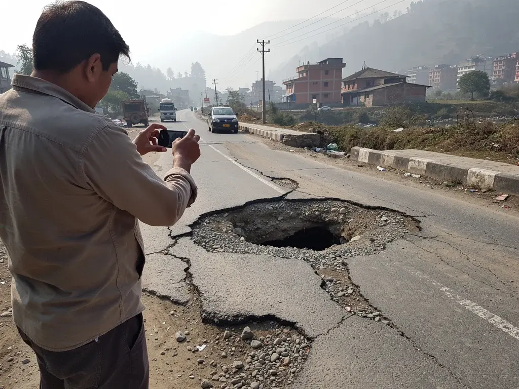 A road inspector documenting a damaged road surface in Nepal